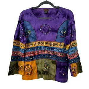 Rising International Cotton Knit Top Women M Bohemian‎ Hippie Yoga Patchwork